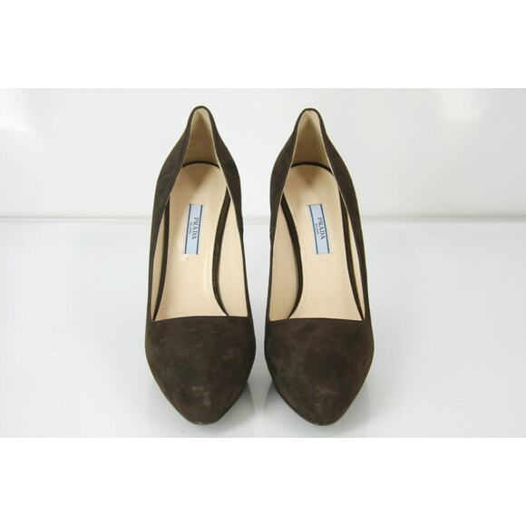 Prada Classic Brown Suede Leather Hidden Platform Heel Pump Pointy Toe NIB - Picture 6 of 10